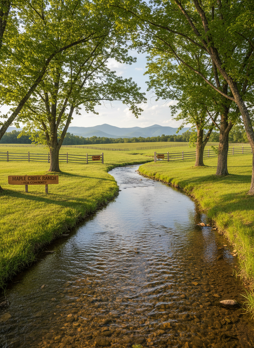 A serene photographic view of a clear, shallow creek winding through open pastureland at Maple Creek Ranch, its banks lined with mature maple trees whose branches form a loose canopy over the water. Smooth river stones are visible through the gently rippling surface, catching reflections of the blue sky. Split-rail fences and evenly spaced fence posts trace property boundaries in the middle distance, with the open lots of Phases 2, 3, and 4 stretching toward soft, hazy mountains. Warm, early evening light filters through the foliage, creating dappled patterns on the grass and water, producing a peaceful yet orderly atmosphere. The shot is composed at eye level with the creek leading diagonally through the frame, using photographic realism to emphasize the natural assets of the HOA community.