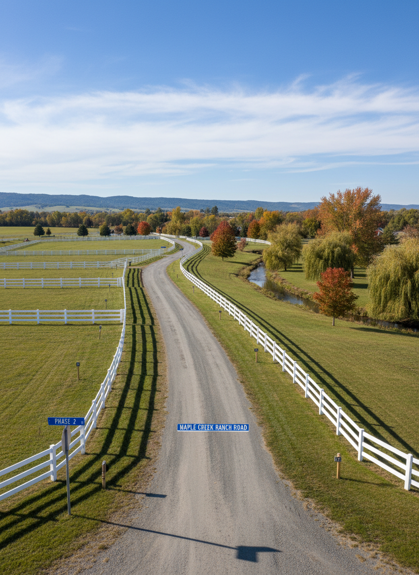 A detailed photographic scene of a quiet Maple Creek Ranch roadway running through Phases 2, 3, and 4, bordered by evenly spaced, well-kept wooden or vinyl fences marking individual lots. The gravel road curves gently toward distant foothills, with open grassy parcels on each side and a narrow creek lined with maples and willows visible to one side. Clear late-morning sunlight from a high angle creates bright, natural illumination, clean lines, and soft, short shadows under fence posts. A professionally designed, reflective street sign labeled with a phase and road name stands near the foreground. The composition is shot from a slightly elevated angle with sharp focus throughout, conveying order, safety, and rural elegance in a realistic, documentary style appropriate for an HOA information page.