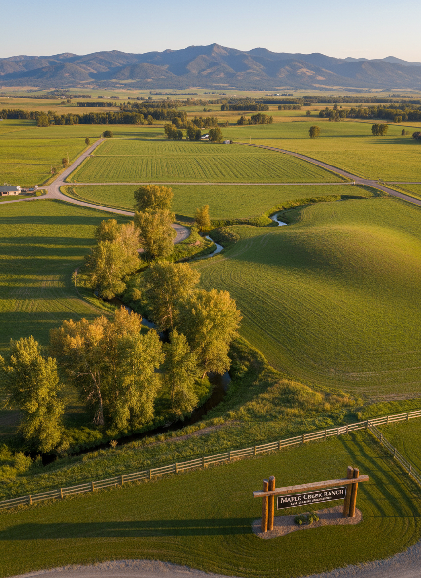 A wide, aerial photographic view of Maple Creek Ranch in Franklin, Idaho, showcasing rolling green pastureland divided into neat lots, winding gravel roads, and clusters of mature maple and cottonwood trees along a small creek. In the foreground, a simple wooden entrance monument with a clean, engraved Maple Creek Ranch Lot Owners Association sign stands beside a well-maintained split-rail fence. Late afternoon golden sunlight casts long, gentle shadows across the landscape, highlighting the contours of the terrain and distant mountains. The mood is professional yet welcoming, emphasizing order and natural beauty. Captured with sharp focus and high clarity, rule-of-thirds composition, and a clean, realistic style suitable for a homeowner association website hero image.