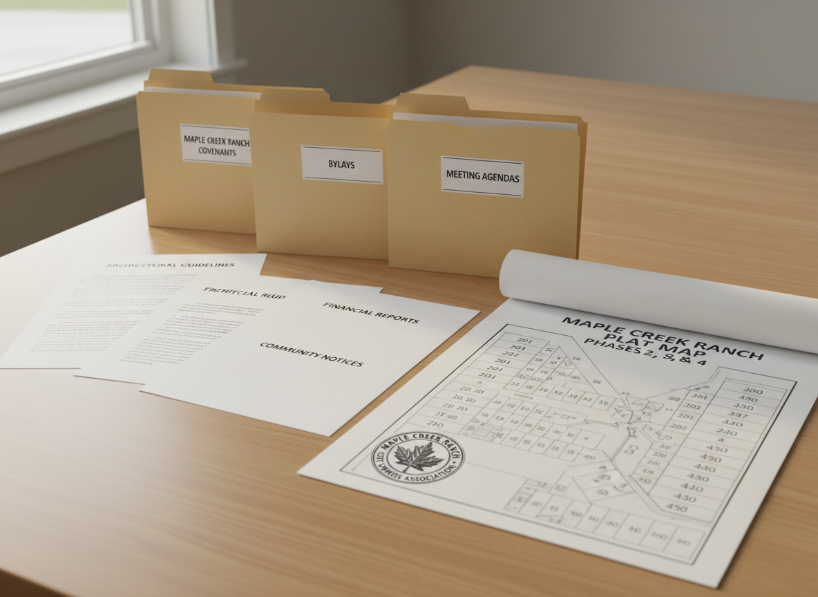 A meticulously organized bulletin board display representing the Maple Creek Ranch Lot Owners Association documents, arranged on a smooth wooden tabletop. Printed covenants, bylaws, and meeting agendas with clear headings are neatly stacked in labeled folders, alongside a detailed plat map of Phases 2, 3, and 4 with lots outlined in precise ink. A small metal Maple Creek Ranch emblem rests near the corner of the map. Soft, diffused window light from the side creates gentle highlights on the paper textures and subtle shadows, suggesting transparency and professionalism. Captured from a slightly overhead angle with moderate depth of field, the composition is clean, uncluttered, and photographic, ideal for illustrating governance, HOA rules, and official communication without showing any people.
