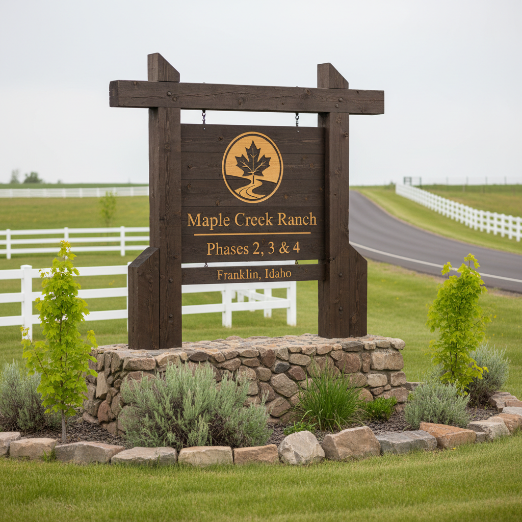 A close, eye-level photographic view of a rustic yet well-maintained Maple Creek Ranch entrance sign made of dark-stained timber with a neatly carved logo and the text “Maple Creek Ranch Phases 2, 3 & 4 – Franklin, Idaho.” The sign is anchored in natural stone and surrounded by manicured native grasses, low shrubs, and small maple saplings with vibrant green leaves. Soft, overcast daylight creates even illumination and minimal shadows, conveying clarity and professionalism. Behind the sign, a paved country road gently curves past fenced lots and open fields. The composition uses shallow depth of field with the sign in crisp focus and the road subtly blurred, producing a calm, organized atmosphere and photographic realism for an HOA site homepage banner.