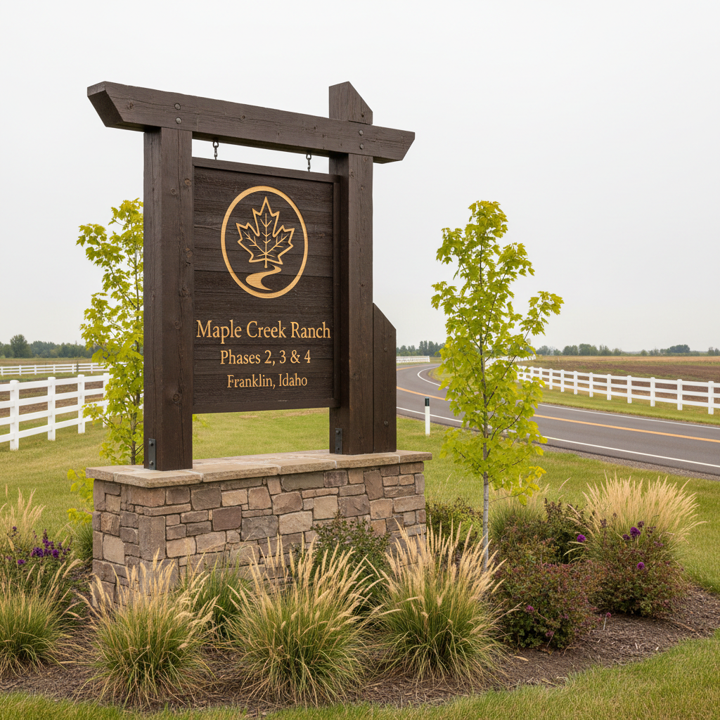 A close, eye-level photographic view of a rustic yet well-maintained Maple Creek Ranch entrance sign made of dark-stained timber with a neatly carved logo and the text “Maple Creek Ranch Phases 2, 3 & 4 – Franklin, Idaho.” The sign is anchored in natural stone and surrounded by manicured native grasses, low shrubs, and small maple saplings with vibrant green leaves. Soft, overcast daylight creates even illumination and minimal shadows, conveying clarity and professionalism. Behind the sign, a paved country road gently curves past fenced lots and open fields. The composition uses shallow depth of field with the sign in crisp focus and the road subtly blurred, producing a calm, organized atmosphere and photographic realism for an HOA site homepage banner.