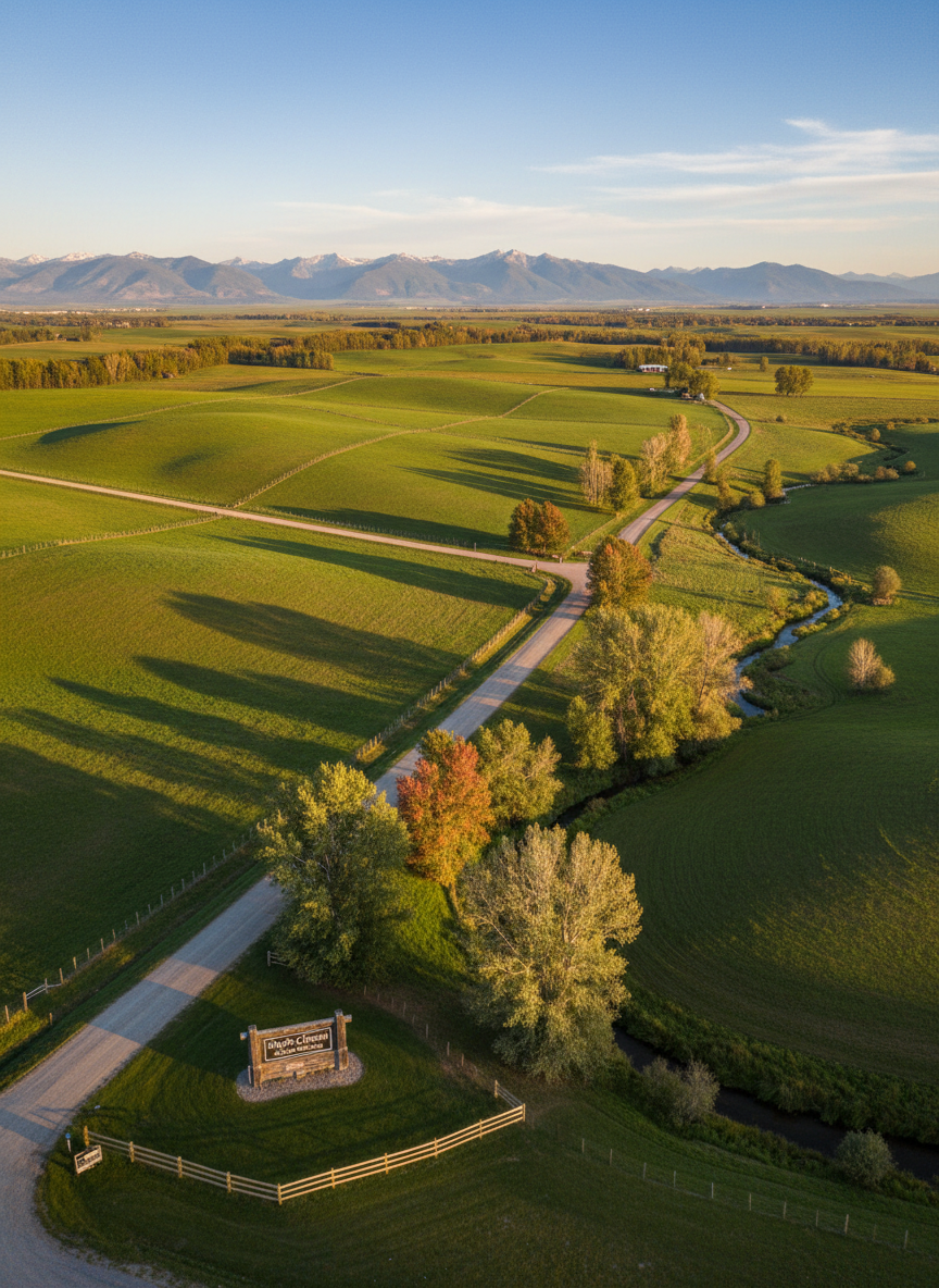 A wide, aerial photographic view of Maple Creek Ranch in Franklin, Idaho, showcasing rolling green pastureland divided into neat lots, winding gravel roads, and clusters of mature maple and cottonwood trees along a small creek. In the foreground, a simple wooden entrance monument with a clean, engraved Maple Creek Ranch Lot Owners Association sign stands beside a well-maintained split-rail fence. Late afternoon golden sunlight casts long, gentle shadows across the landscape, highlighting the contours of the terrain and distant mountains. The mood is professional yet welcoming, emphasizing order and natural beauty. Captured with sharp focus and high clarity, rule-of-thirds composition, and a clean, realistic style suitable for a homeowner association website hero image.