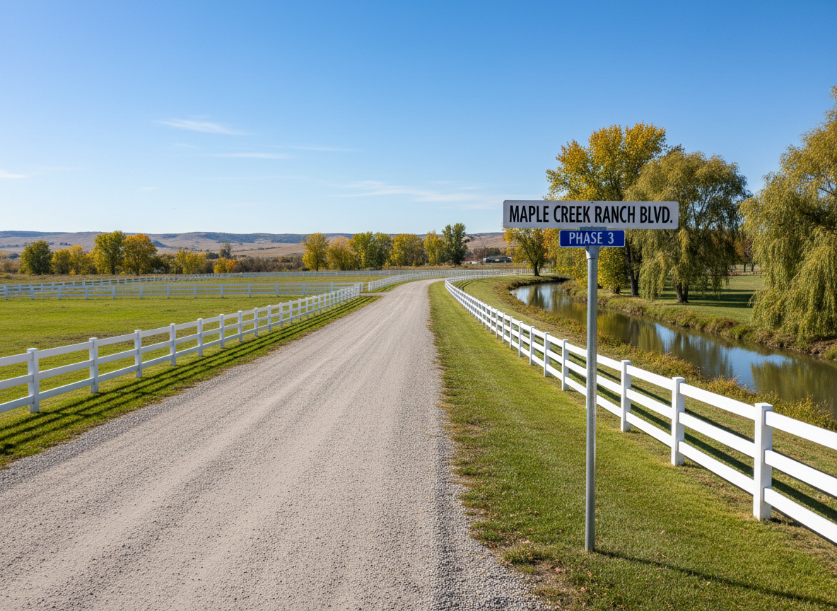 A detailed photographic scene of a quiet Maple Creek Ranch roadway running through Phases 2, 3, and 4, bordered by evenly spaced, well-kept wooden or vinyl fences marking individual lots. The gravel road curves gently toward distant foothills, with open grassy parcels on each side and a narrow creek lined with maples and willows visible to one side. Clear late-morning sunlight from a high angle creates bright, natural illumination, clean lines, and soft, short shadows under fence posts. A professionally designed, reflective street sign labeled with a phase and road name stands near the foreground. The composition is shot from a slightly elevated angle with sharp focus throughout, conveying order, safety, and rural elegance in a realistic, documentary style appropriate for an HOA information page.