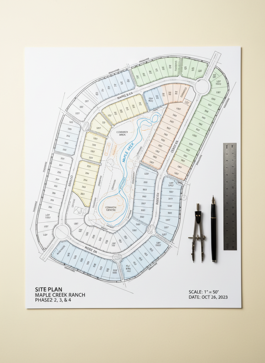 A high-resolution, photographic top-down view of a neatly drafted site plan for Maple Creek Ranch Phases 2, 3, and 4 laid flat on a clean, light-colored drafting table. Individual lots are crisply outlined with labeled numbers, phase boundaries, and clearly marked roadways, drainage areas, and the course of Maple Creek. Colored highlighters subtly differentiate phases and common areas. A precision metal ruler, compass, and a fine-tip pen rest alongside the plan, suggesting careful planning and governance. Soft, bright studio lighting evenly illuminates every detail without harsh shadows, emphasizing clarity and professionalism. The composition is centered with sharp focus across the entire frame, presenting a modern, organized, and authoritative visual ideal for explaining HOA boundaries and development layout.