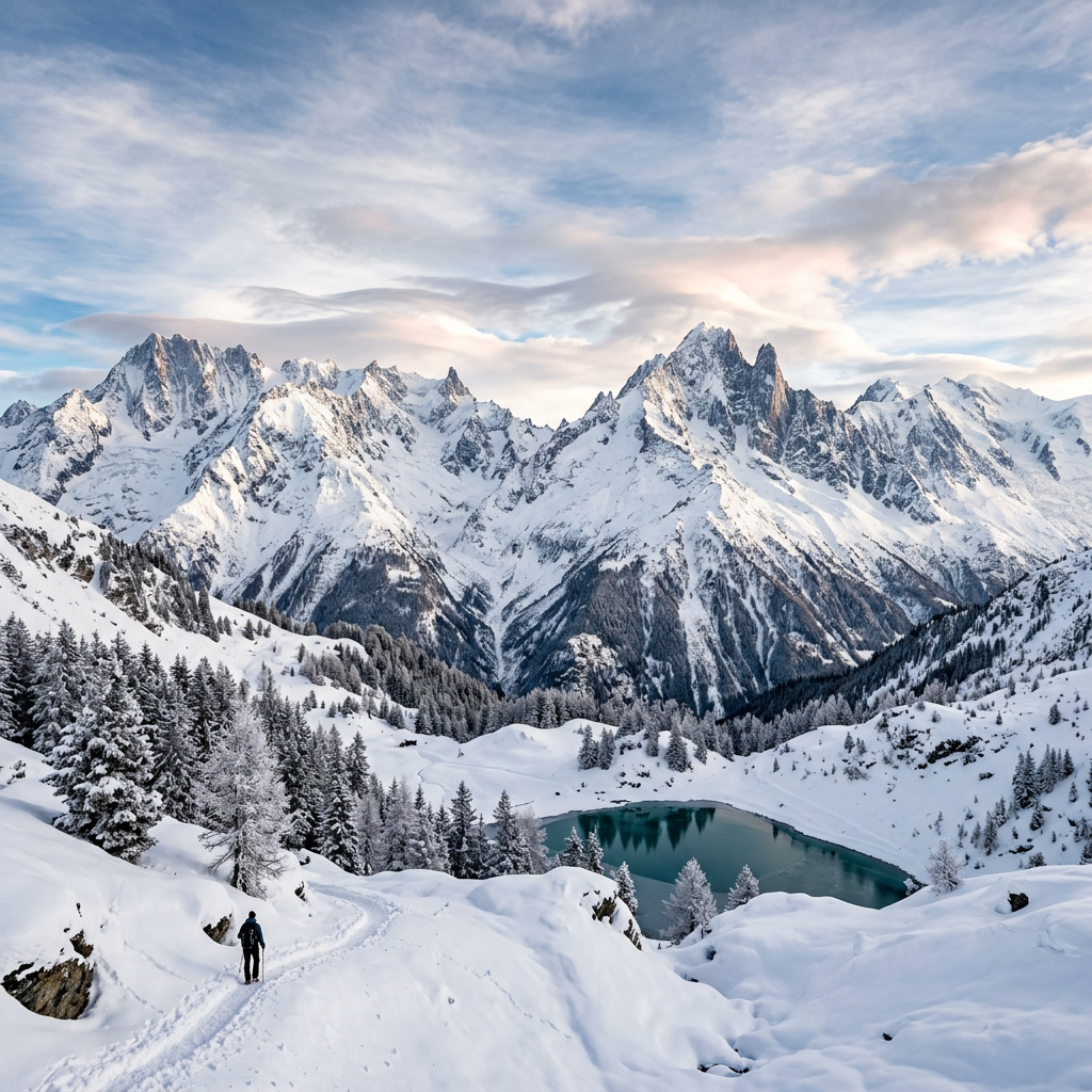 Hiker walking on snowy trail near alpine lake with snow-covered peaks